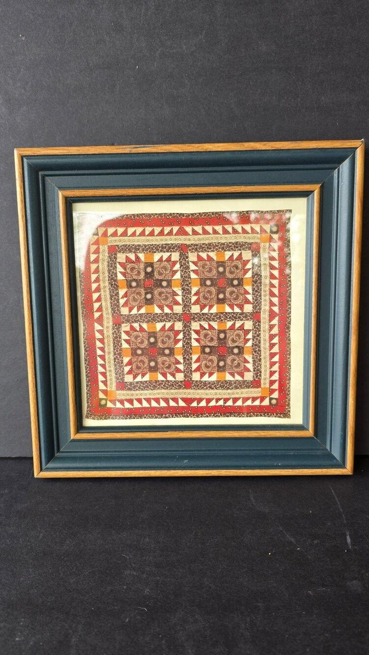 Framed Quilt Pattern Tapestry Print Blue Wood Frame Folk Art Wall Decor 11x11